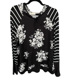 Eldridge Hoodie Top Womens Plus Size 2X Black White Floral‎ Striped Thumb Hole